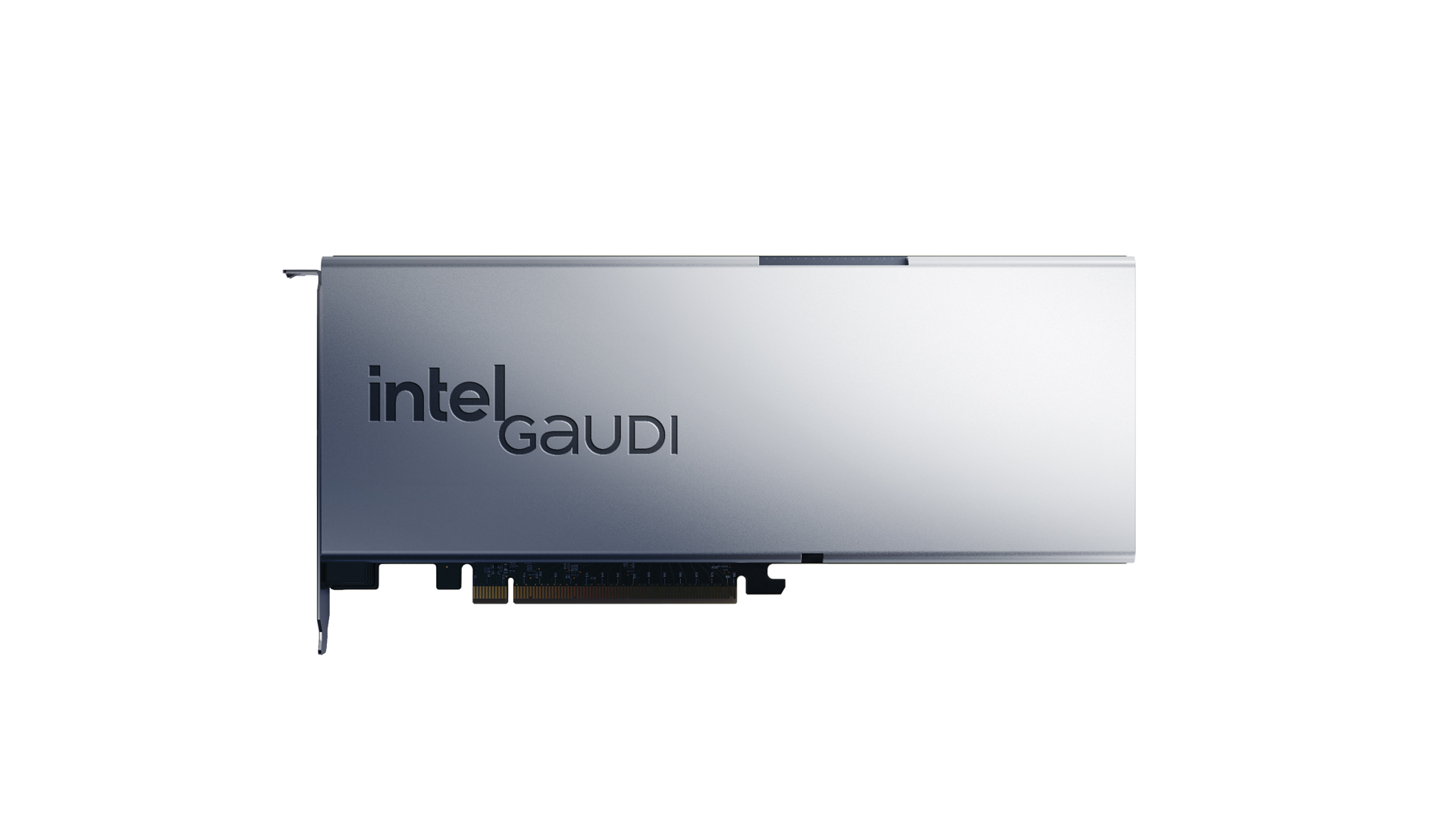 A silver Intel Gaudi graphics processing unit viewed from the side, showcasing the sleek design and the Intel Gaudi logo on its surface.