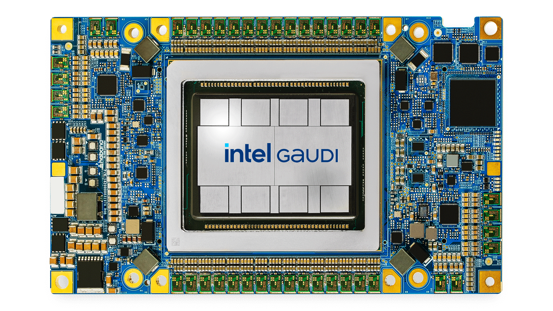 Close-up of an Intel Gaudi AI processor chip on a circuit board, surrounded by multiple components and connectors, with a blue and yellow color scheme.