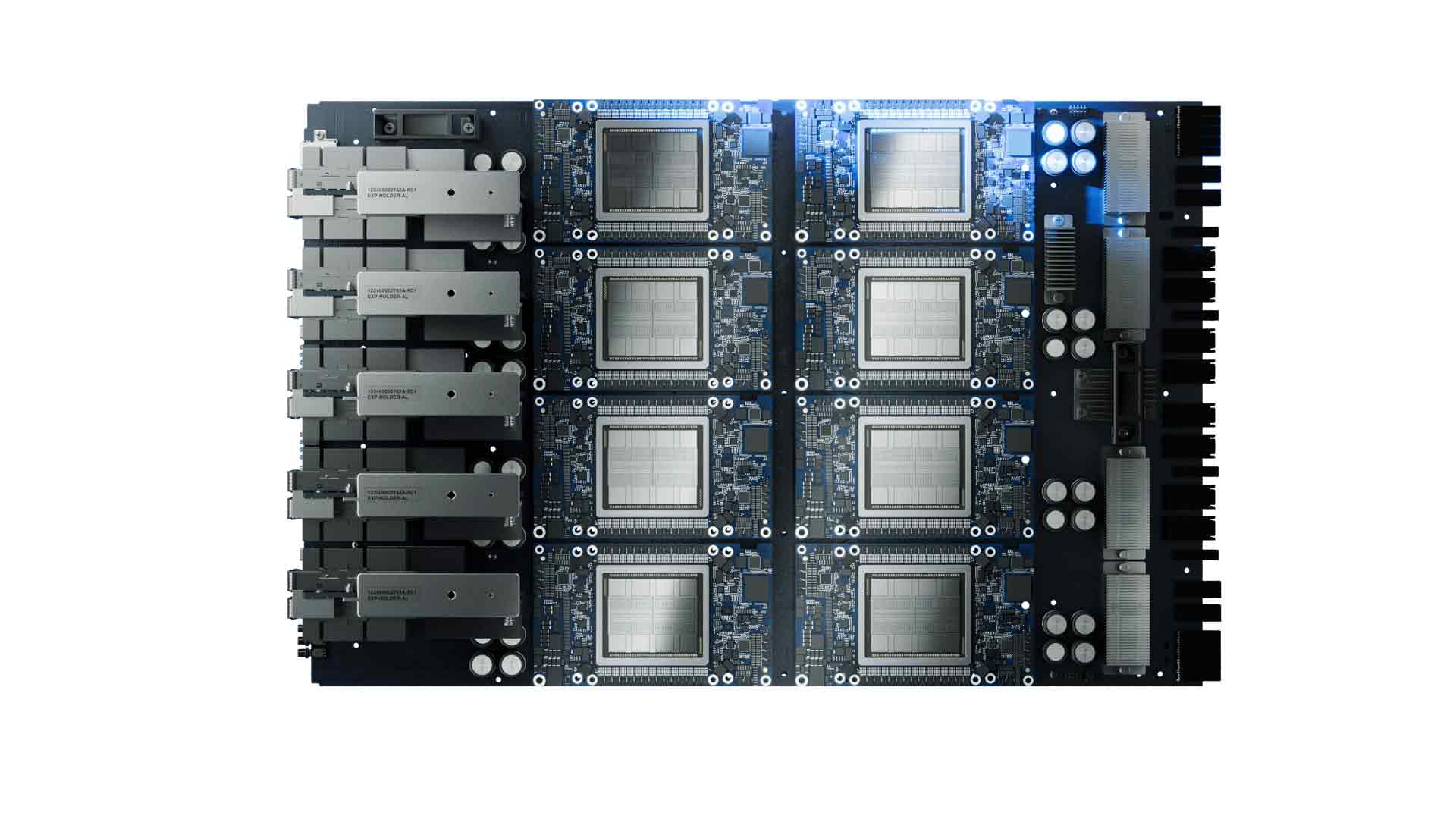 A top-down view of a circuit board featuring multiple square chip components arranged in a grid. Various electronic components and connectors are visible on the sides, with a black and blue color scheme.