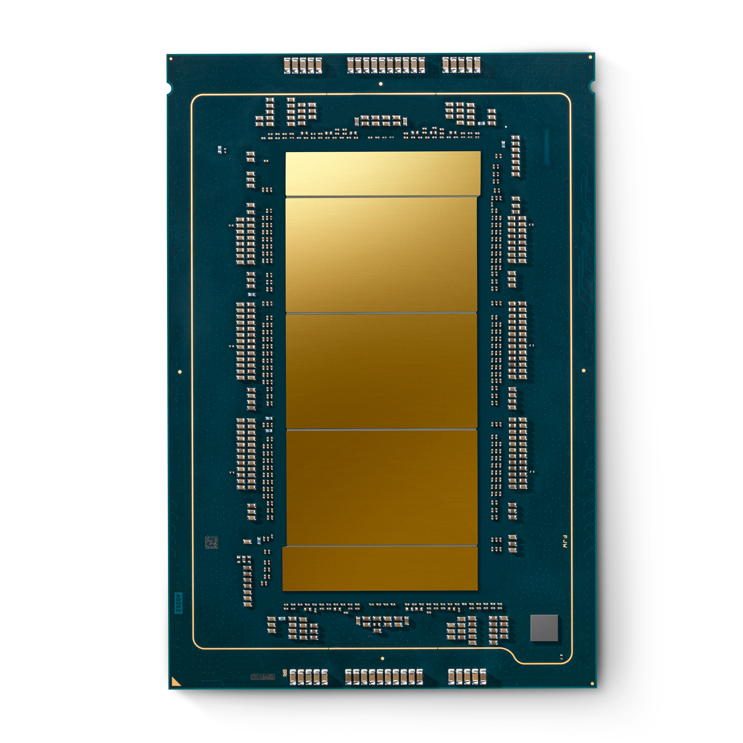 A close-up of a computer processor with a blue circuit board and a central gold area. The processor is rectangular, featuring numerous tiny components and connections, typical of modern microchip design.