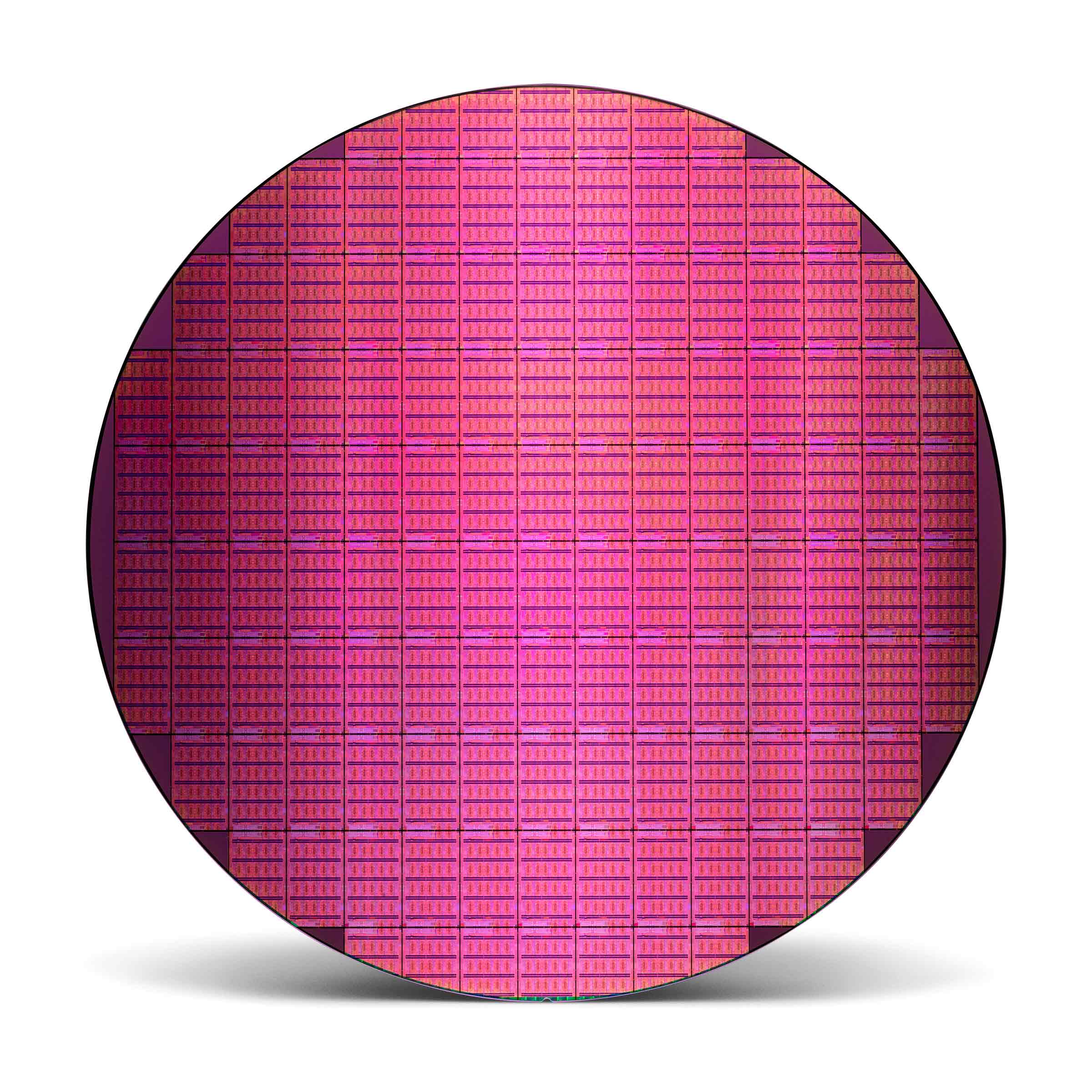 A circular semiconductor wafer displaying a grid pattern, illuminated in shades of pink and purple. The intricate square cells create a repeating design, highlighting the precision and complexity of the material.