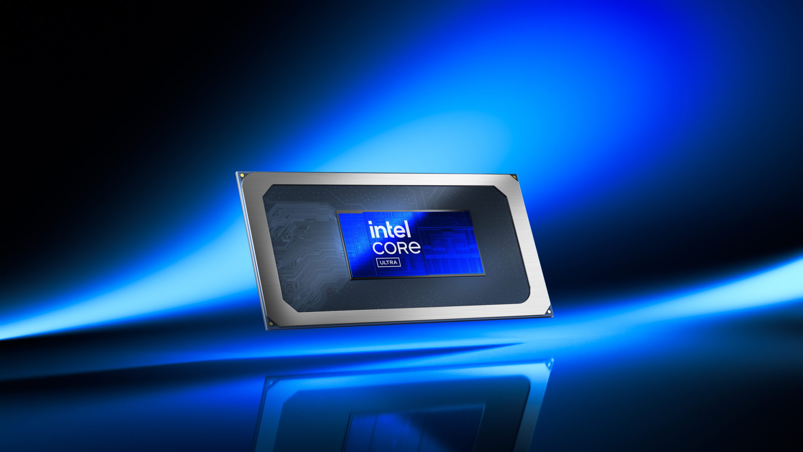 Product image of an Intel Core Ultra processors on a blue gradient background