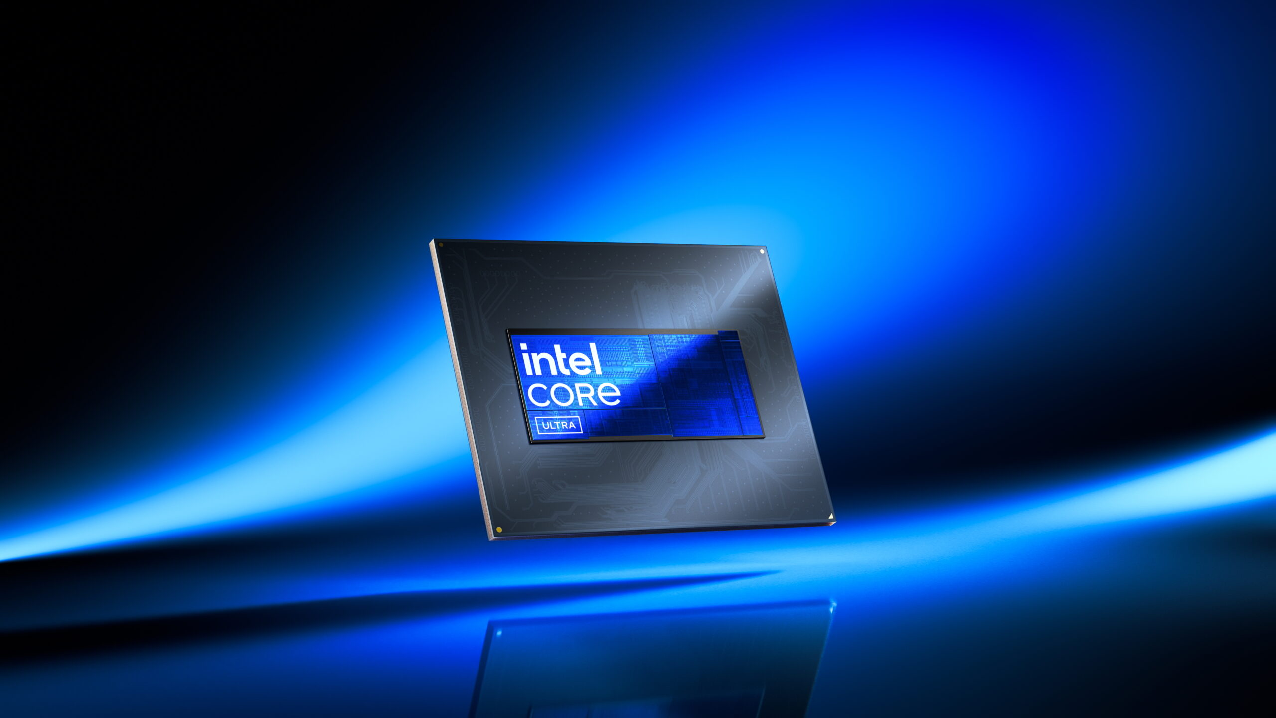 Product image of an intel core ultra processors on a blue gradient background