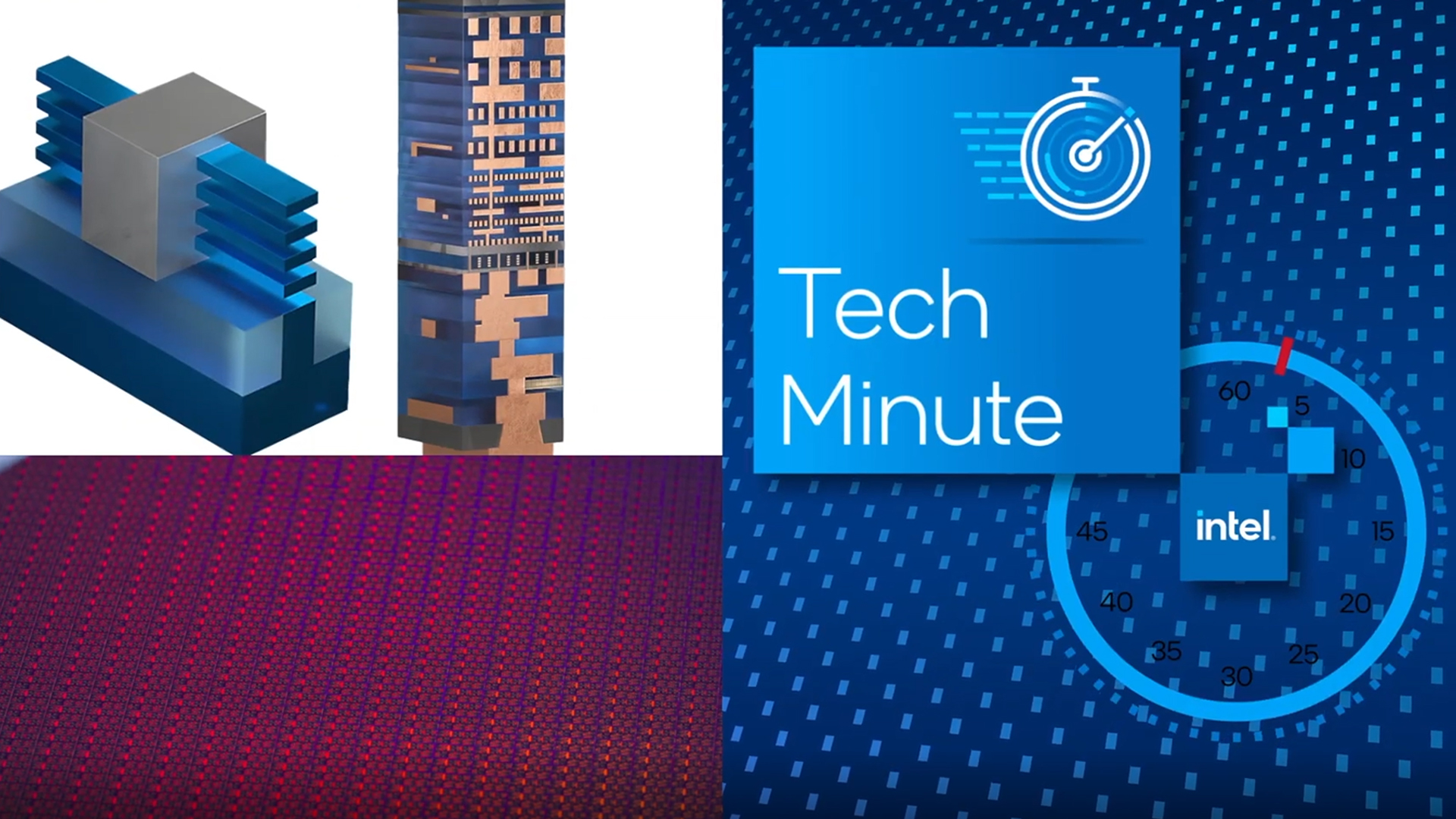 Split image with a tech and innovation theme. Left: A 3D-rendered futuristic cityscape with blue and red tones. Right: Blue graphic with Tech Minute text and a clock face design, featuring a target icon.