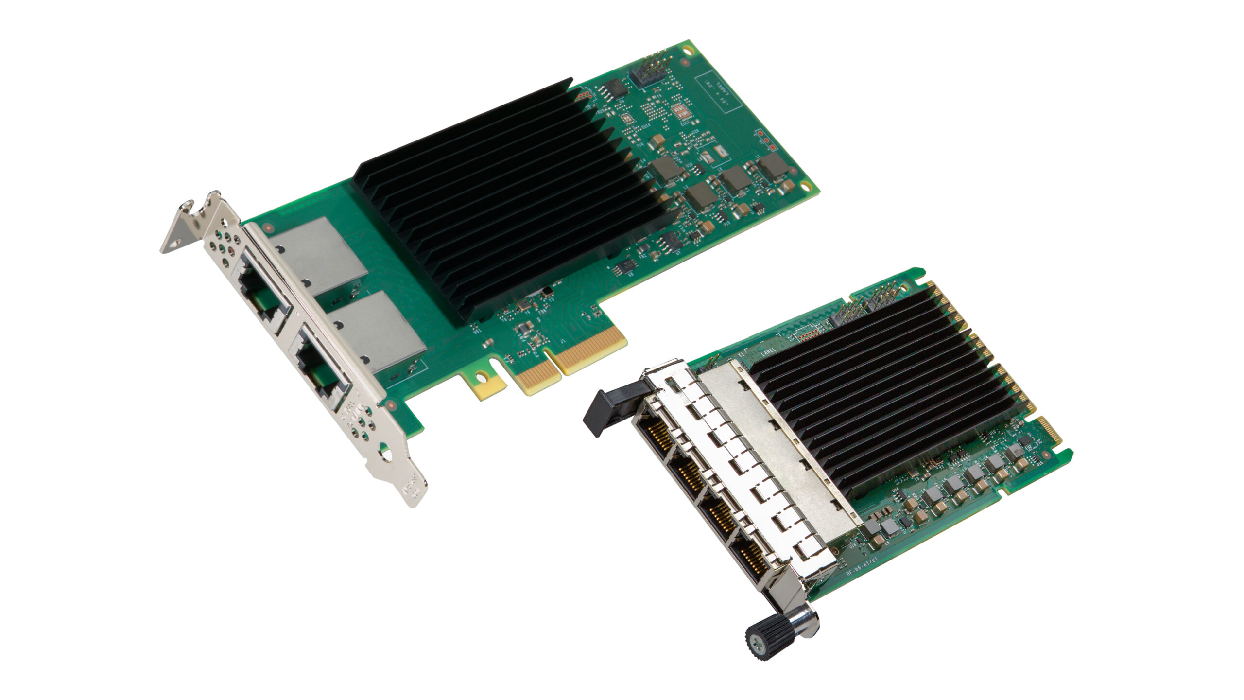 Two circuit boards with heat sinks and various ports. The larger board has dual Ethernet ports, while the smaller board has multiple connectors. Both feature PCIe interface connectors on the side.