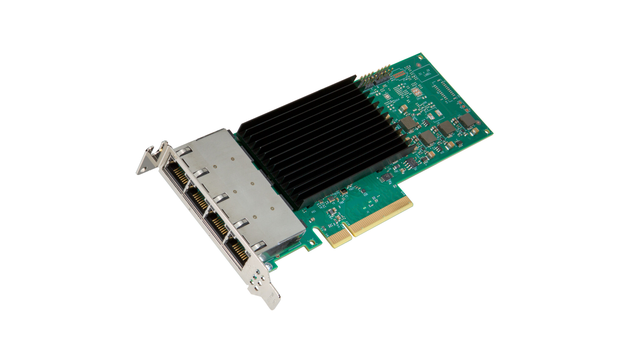 A computer network expansion card with four Ethernet ports and a green circuit board with various electronic components. The card includes a black heat sink and a metal bracket for installation in a computer chassis.