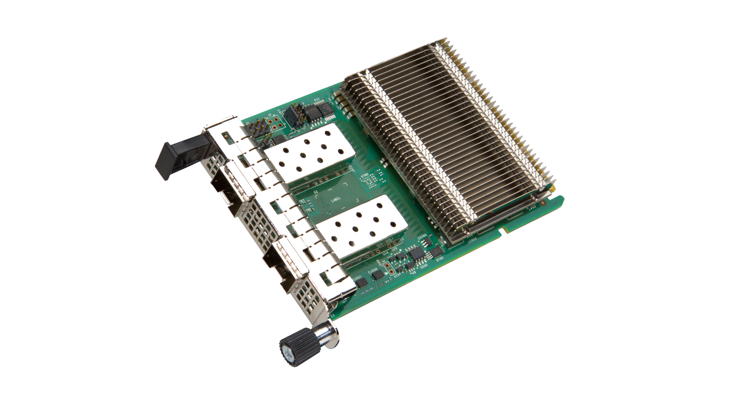 A computer circuit board with a large heatsink and several metal input/output ports on one side. The board features small components and a knob on one end. The design suggests a focus on cooling and connectivity.