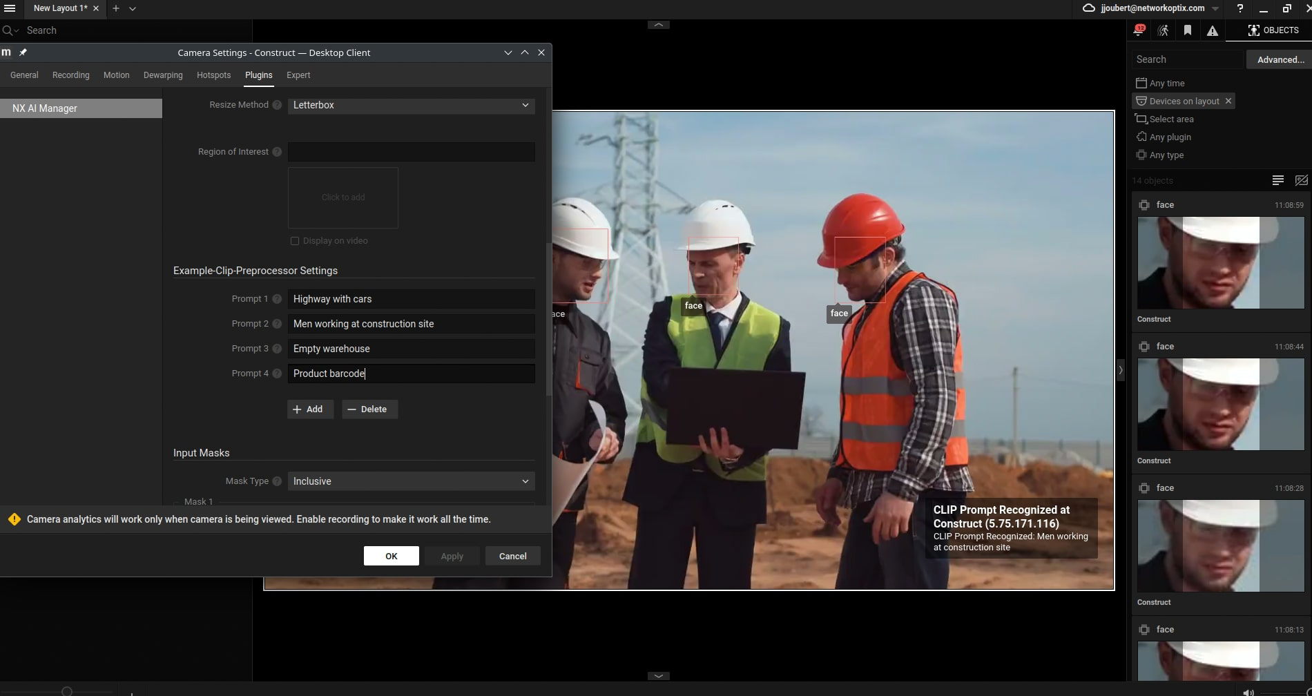 Three construction workers in safety gear stand on a construction site, discussing something while one holds a laptop. A software settings window overlays part of the image on the left.