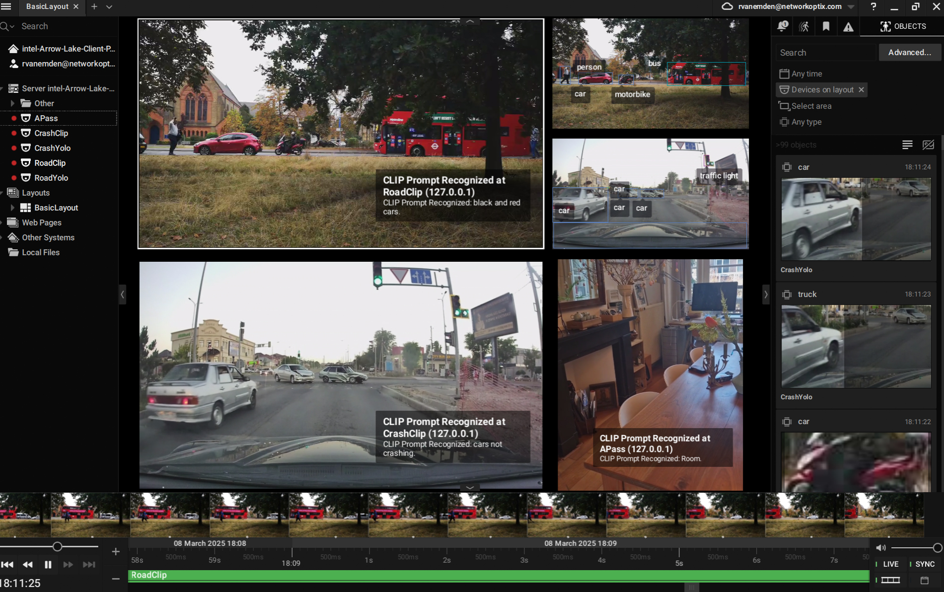 Dashboard interface with multiple video feeds and text overlays. Top left shows vehicles and fire trucks near a building. Other feeds display street views from a car perspective and a room interior. Text overlays identify locations and objects in the scenes.