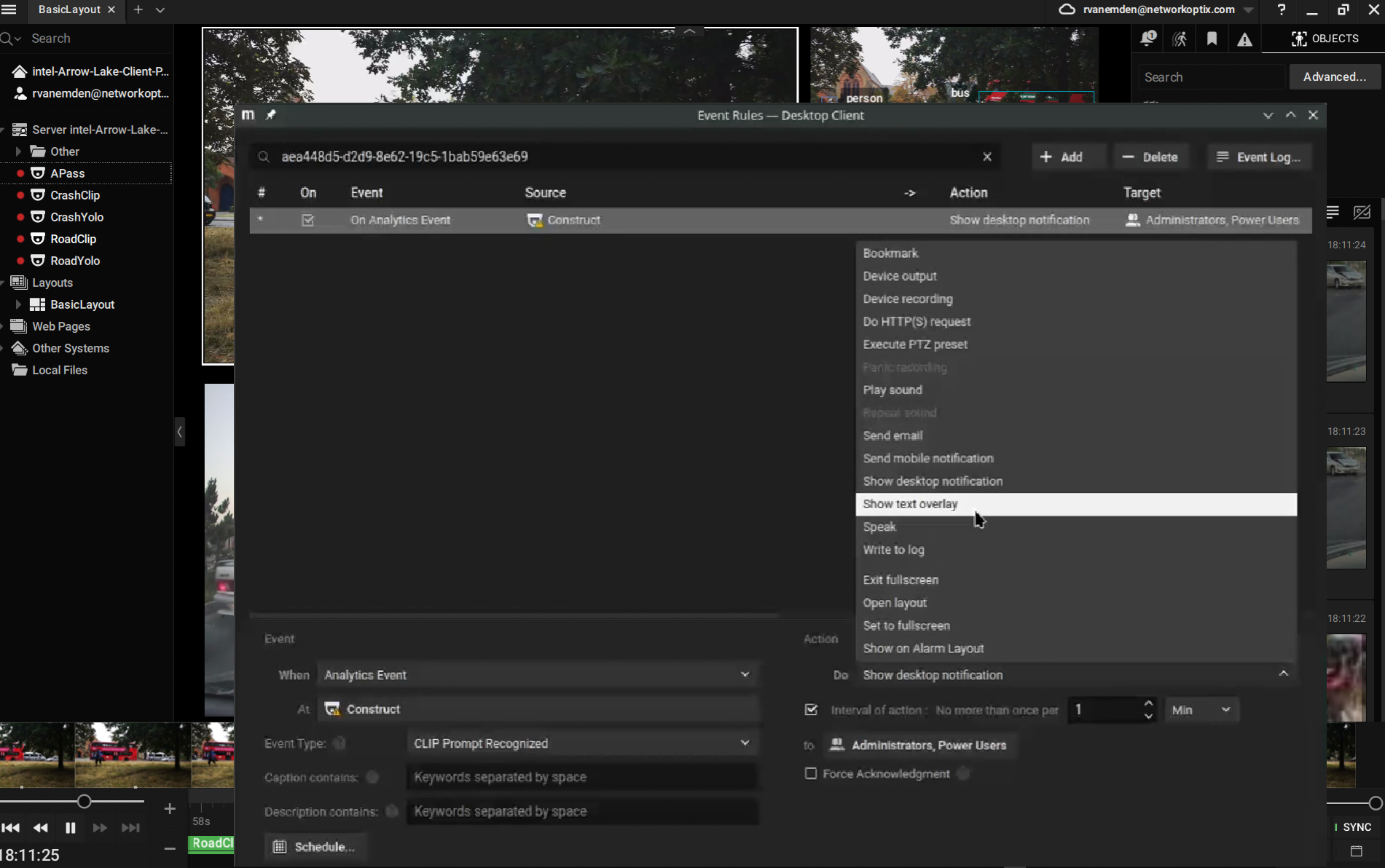 Screenshot of a desktop application interface with a dark theme. It shows a list of events and sources on the left and a context menu on the right with options like Show desktop notification highlighted. Trees are partially visible at the top.