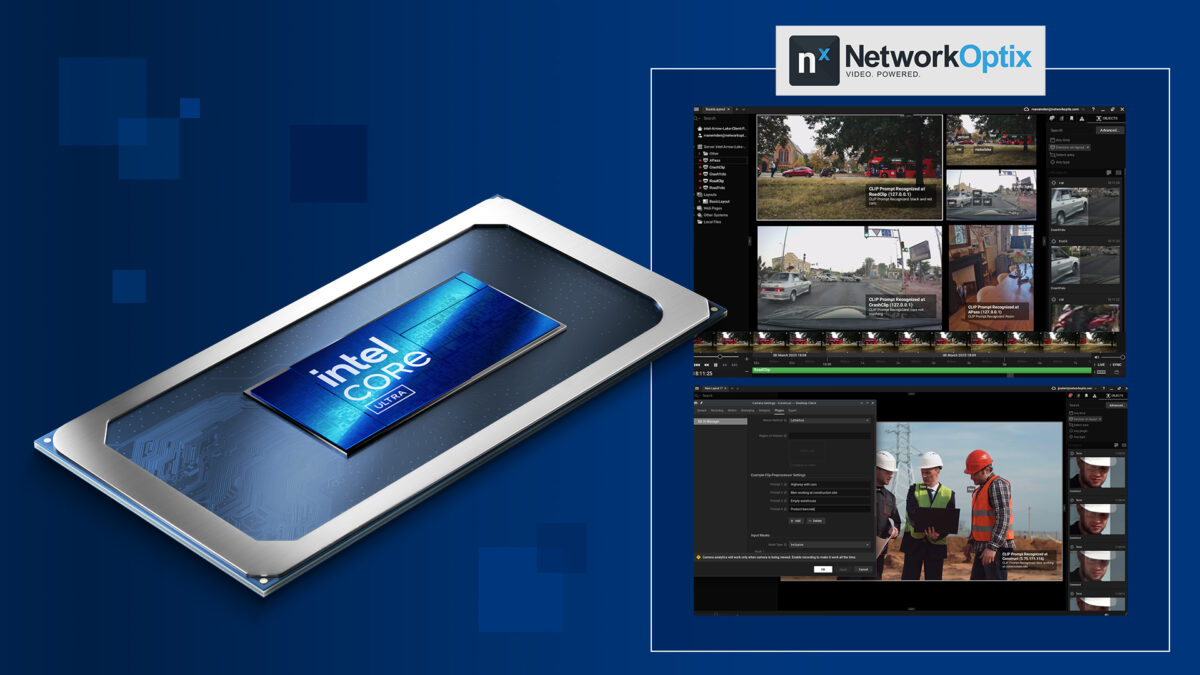 An Intel Core i7 processor is displayed on the left against a blue background. On the right, a computer screen shows surveillance software with various video feeds. The top right features the Network Optix logo.