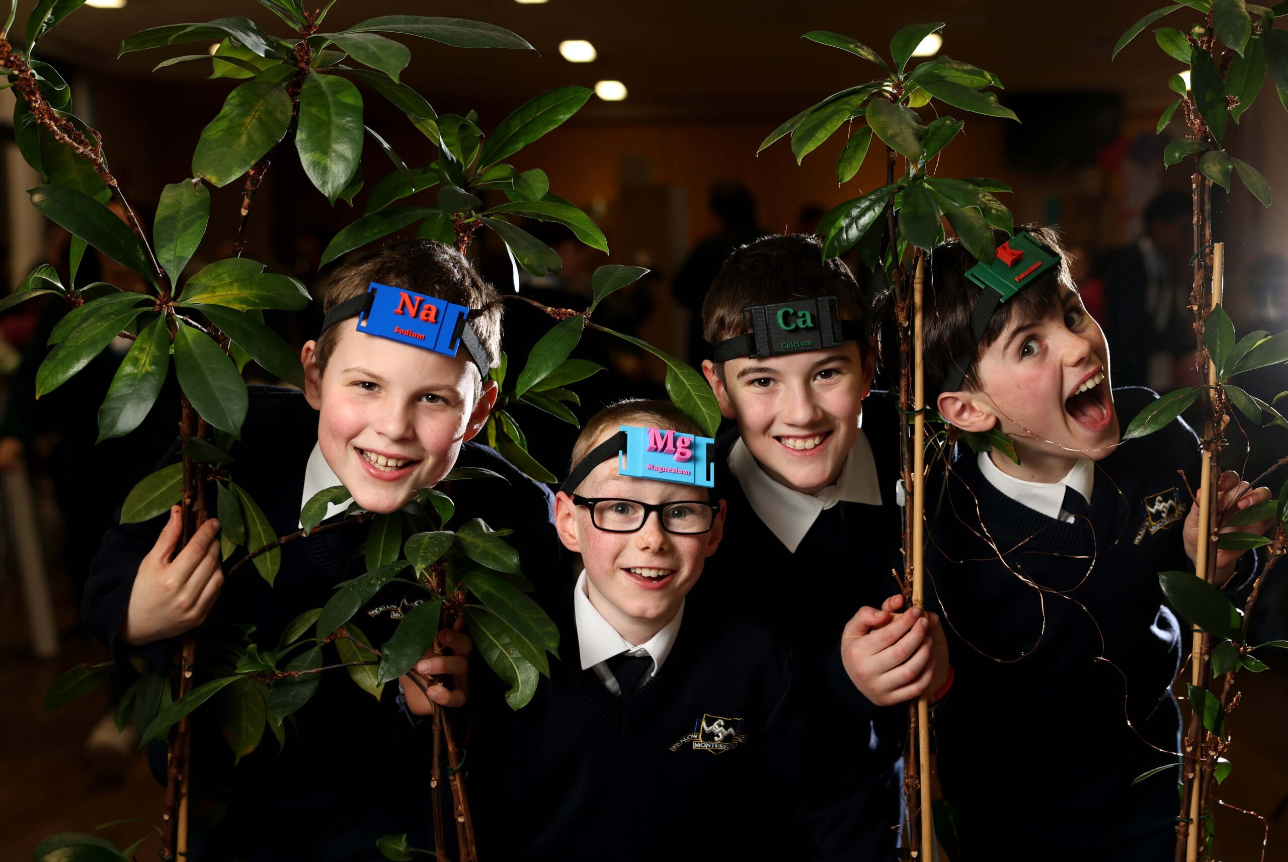 Four children wearing school uniforms stand playfully behind plants. They smile and have element symbols like Na and Mg on their foreheads, suggesting a chemistry-themed activity. The background is out of focus, adding to the lively atmosphere.