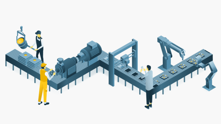 Illustration of an automated factory assembly line with workers. Features include a molten metal pouring station, mechanical equipment, and robotic arms assembling components on a conveyor belt. Workers monitor and operate different sections.