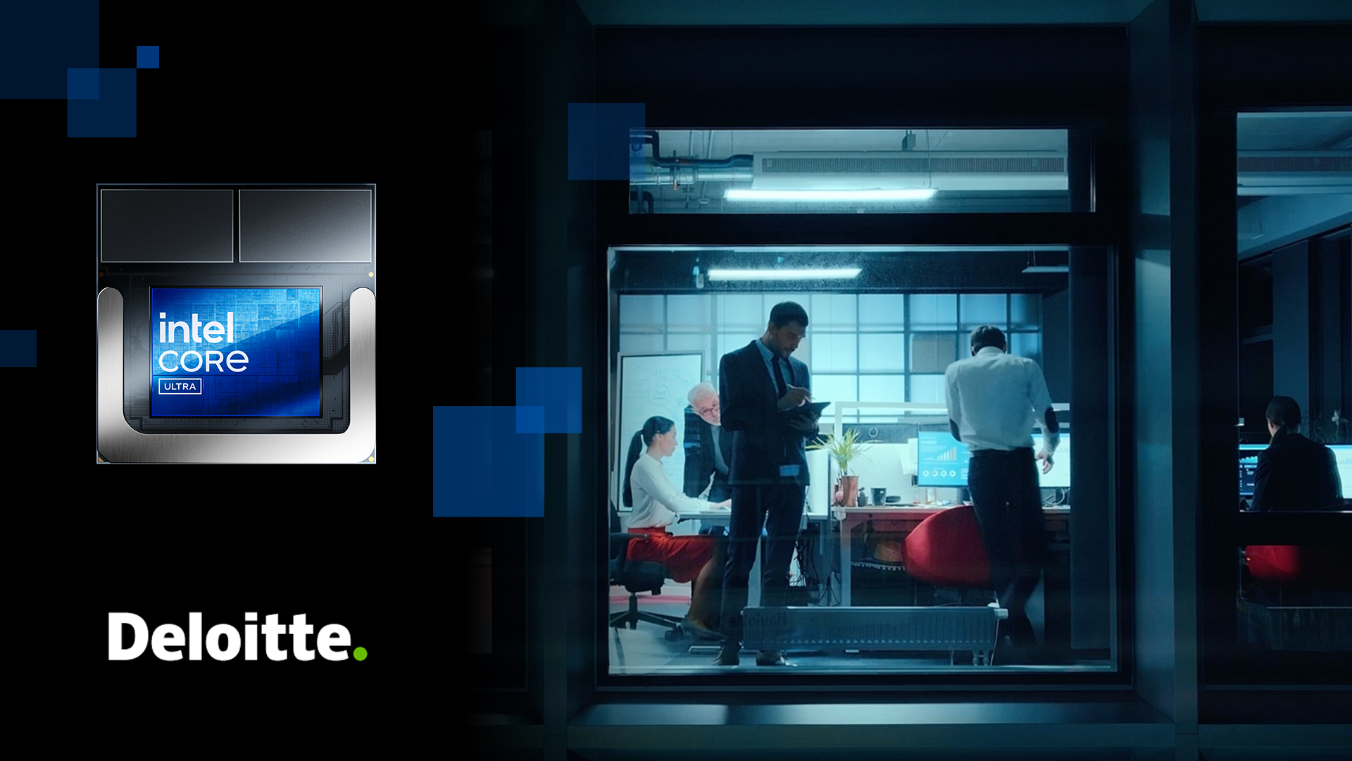 Office scene with five people working at desks, viewed through a large window. One person stands reading, another works at a computer. Logos for Intel Core Ultra and Deloitte appear on the left side of the image.