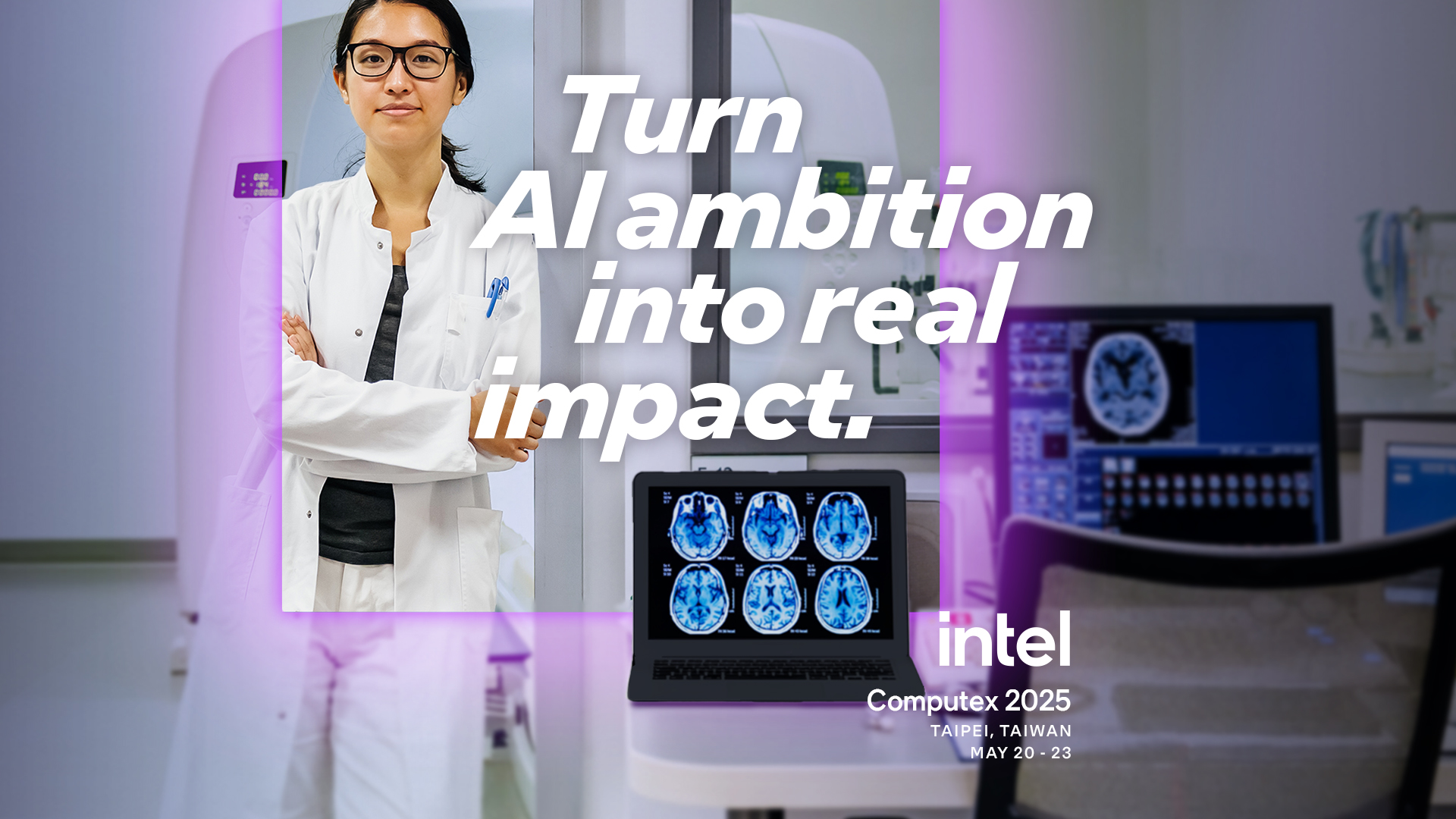 a woman wearing glasses and a white lab coat stans by laptops showing brain scan software. Words say Turn AI ambition into Real impact.